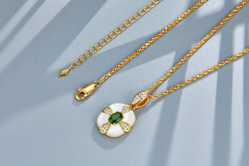 Green Gemstone White Shell Pendant Drop Necklace